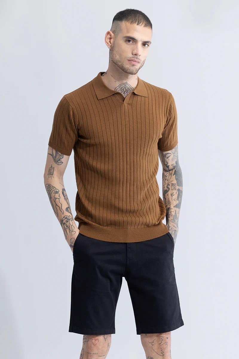 Veirdo® Men’s Casual Ribbed Polo Collar Knit T-Shirt | Slim Fit Short Sleeve Polo for Men | Flat Knit Textured T-Shirt Perfect for Office, Party, Travel (Polo_FK4_BRN_XXL) Brown - Image 5