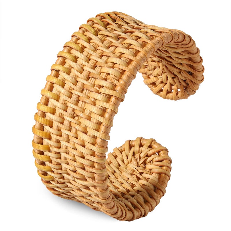 HSWE Rattan Bracelet Handmade Lightweight Straw Wicker Braid Cuff Bangle Bracelet Statement Adjustable Bohemian Rattans Woven Chunky Bracelets for Summer Wrist Jewelry - Image 1
