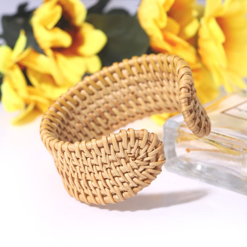 HSWE Rattan Bracelet Handmade Lightweight Straw Wicker Braid Cuff Bangle Bracelet Statement Adjustable Bohemian Rattans Woven Chunky Bracelets for Summer Wrist Jewelry - Image 2
