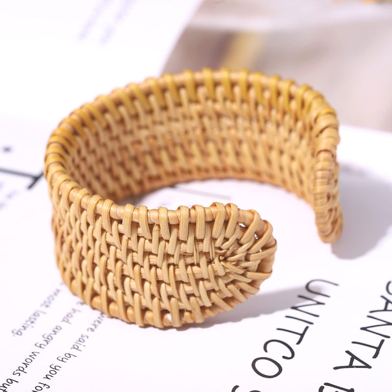 HSWE Rattan Bracelet Handmade Lightweight Straw Wicker Braid Cuff Bangle Bracelet Statement Adjustable Bohemian Rattans Woven Chunky Bracelets for Summer Wrist Jewelry - Image 3
