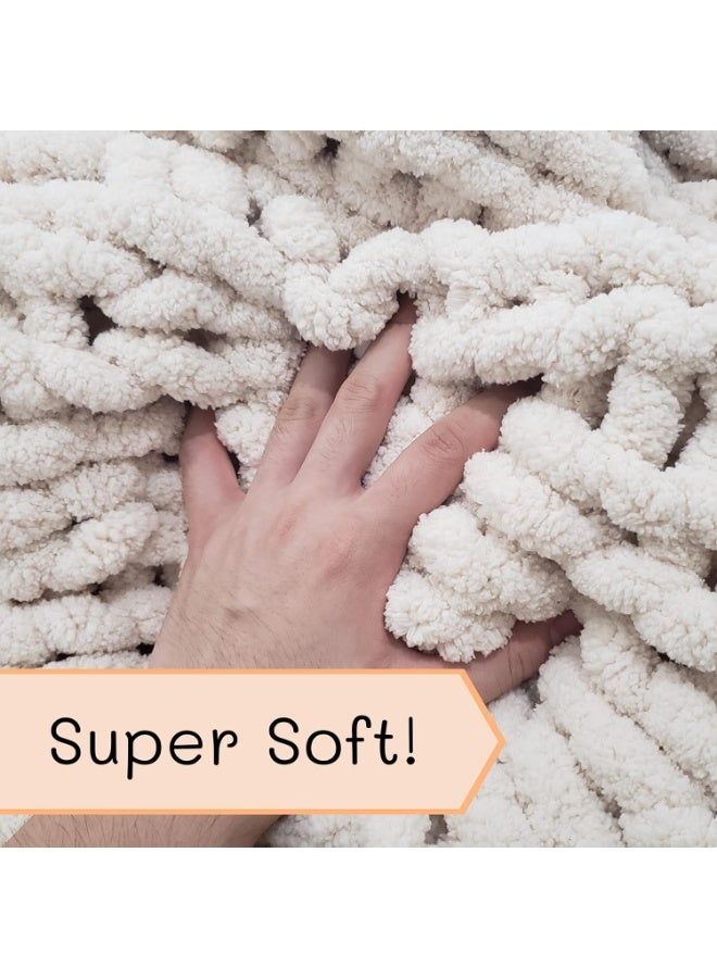 Chunky Knit Blanket Throw | 100% Hand Knit with Jumbo Chenille Yarn (40"x50", Cream White) - Image 3
