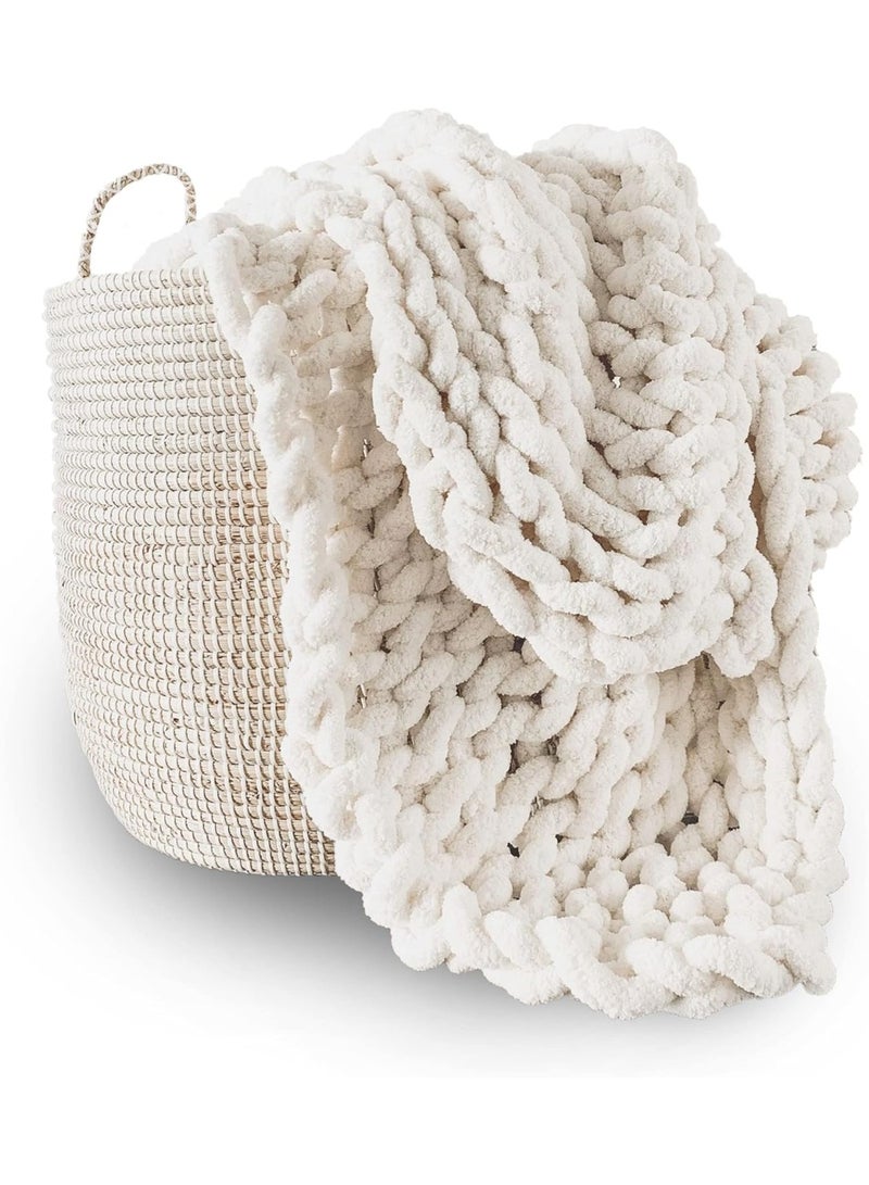 Chunky Knit Blanket Throw | 100% Hand Knit with Jumbo Chenille Yarn (40"x50", Cream White) - Image 1