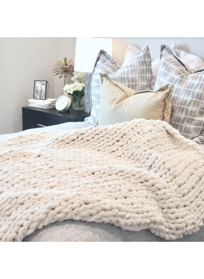 Chunky Knit Blanket Throw | 100% Hand Knit with Jumbo Chenille Yarn (40"x50", Cream White) - Image 2