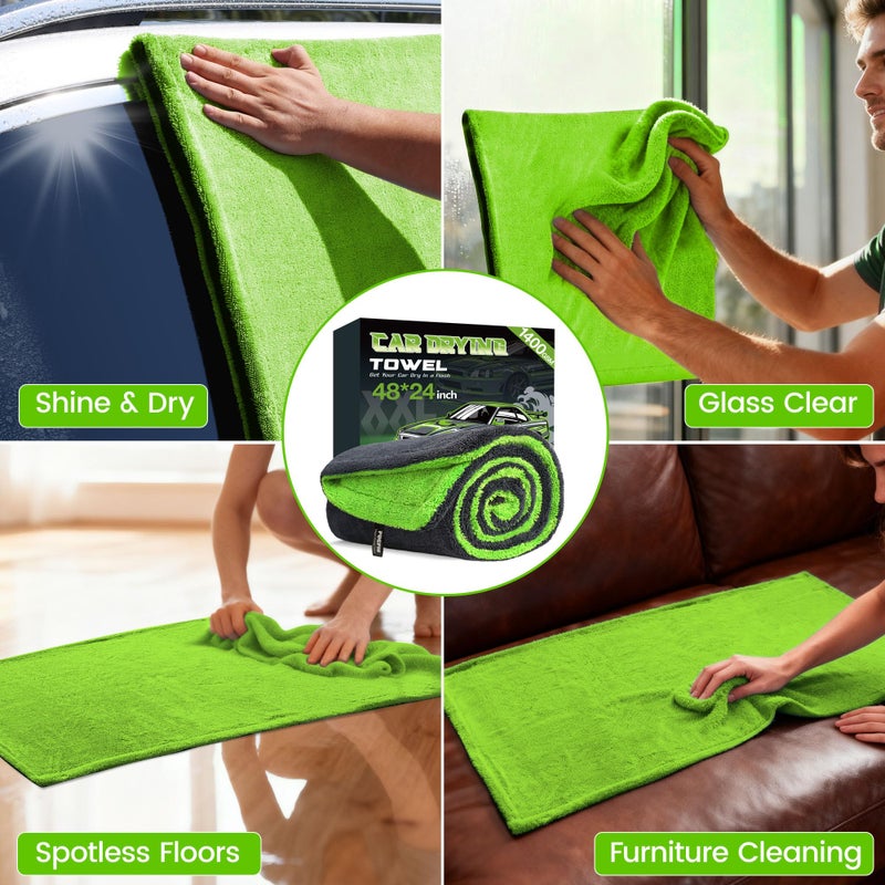 PUGPIU Microfiber Car Drying Towel Extra Large Super Absorbent 48"X24", 1400 GSM Flash Detail Car Wash Drying Towel Edgeless with Two Sided Soft Twisted-Loop, No Water Spots Streaks for Cars (Green) - Image 5