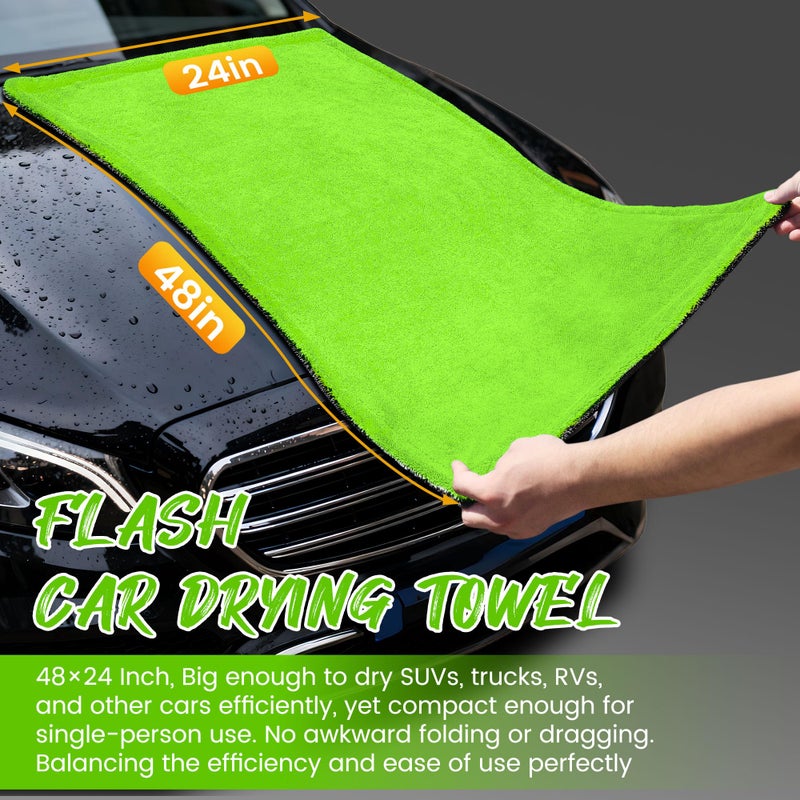 PUGPIU Microfiber Car Drying Towel Extra Large Super Absorbent 48"X24", 1400 GSM Flash Detail Car Wash Drying Towel Edgeless with Two Sided Soft Twisted-Loop, No Water Spots Streaks for Cars (Green) - Image 2