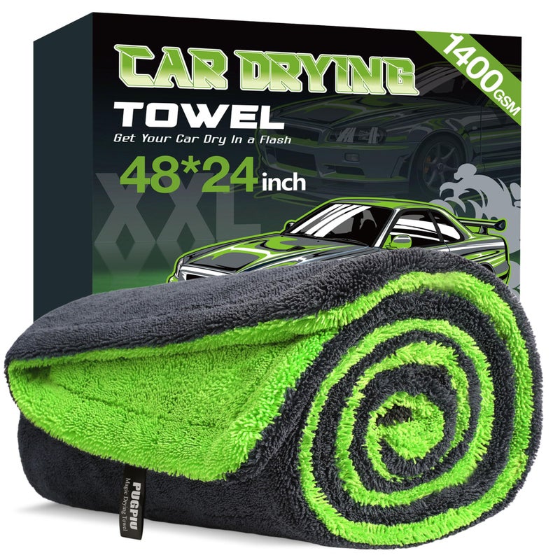PUGPIU Microfiber Car Drying Towel Extra Large Super Absorbent 48"X24", 1400 GSM Flash Detail Car Wash Drying Towel Edgeless with Two Sided Soft Twisted-Loop, No Water Spots Streaks for Cars (Green) - Image 1