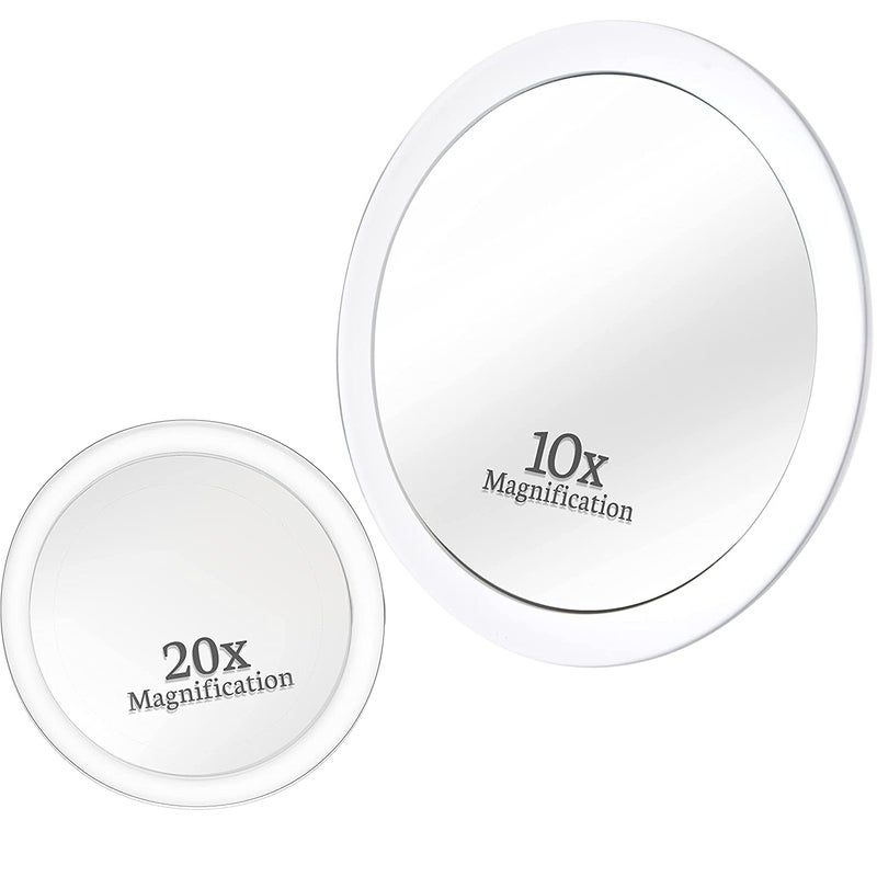 MIRRORVANA 20X  10X Magnifying Mirror Set with 3 Suction Cups Each  Compact  Travel Ready Mirror for Makeup  Sizes 6 and 4 Wide