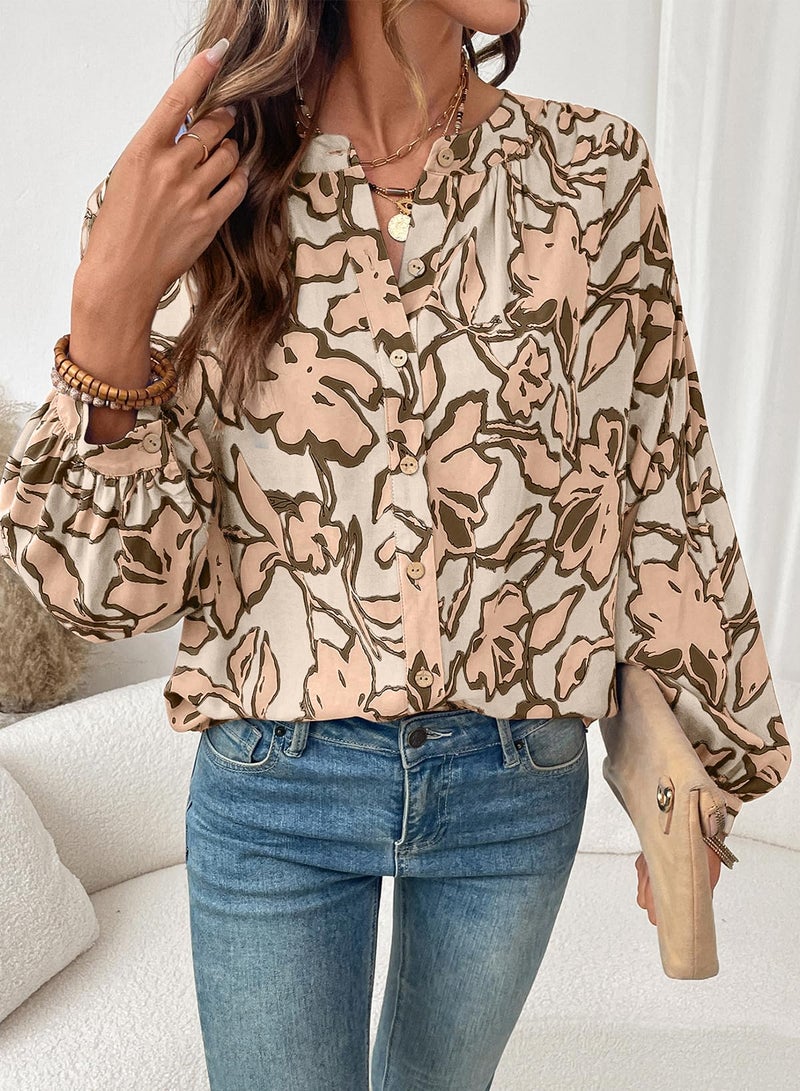 Astylish Womens Boho Floral Loose Spring Summer Tops Trendy Beach Vacation Clothes Lantern Sleeve Flowy Blouses V Neck Breathable Button Down Business Casual Shirts Khaki Medium - Image 5