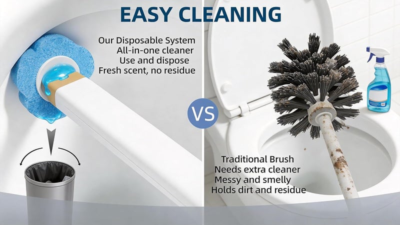KIRIKIT Disposable Toilet Brush with 48 Refill Heads and Holder– Includes Storage Caddy&Toilet Bowl Wand, Wall-Mount Scrubbing Toilet Brush Bathroom Cleaning Kit (1 Wand+48 Refills) - Image 2