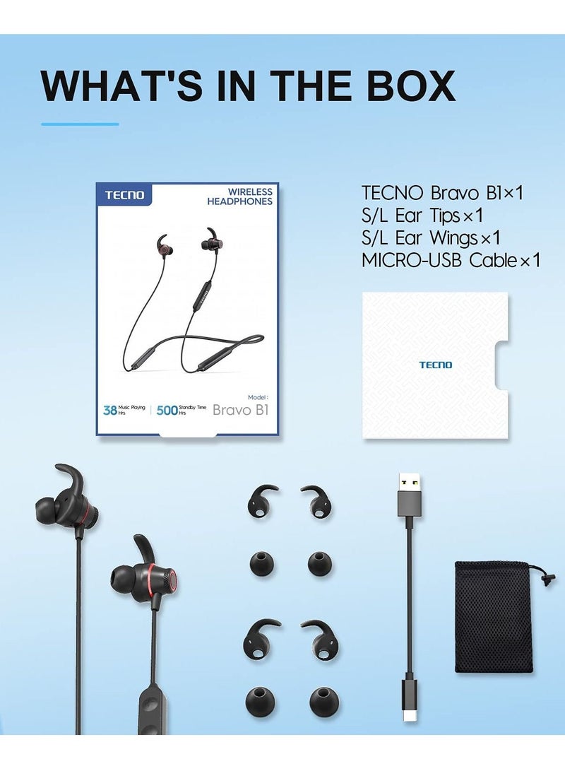 Bravo B1 Wireless Bluetooth Headphones Earbuds Neckband with 38Hrs Playtime for Sports Sweatproof & IPX5 Waterproof Wireless Headset（Black）