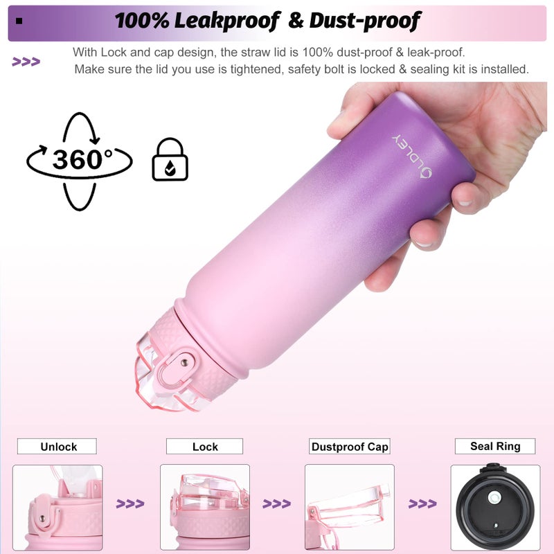 Oldley Water Bottles 20 oz Insulated Water Bottle with Straw 3 Lids,Vacuum Stainless Steel Water Bottles, Leak & Sweat Proof Sport Water Bottle Gym for Kids Adults - Image 5