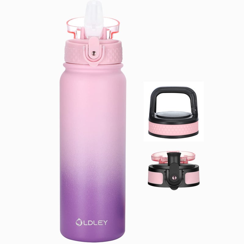 Oldley Water Bottles 20 oz Insulated Water Bottle with Straw 3 Lids,Vacuum Stainless Steel Water Bottles, Leak & Sweat Proof Sport Water Bottle Gym for Kids Adults - Image 1