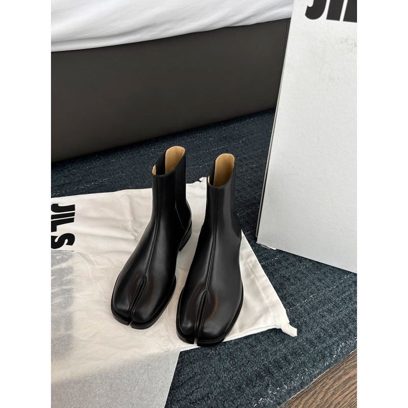 Ready Stock Shipped In Seconds! Grape Mom'S Same Style Split-Toe Short Boots British Style Versatile Mid-Calf Thick Heel Elastic Chelsea Boots - Image 1