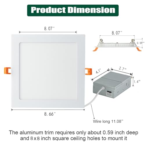 QIBANG Square Led Recessed Light 8 inch Dimmable with Junction Box,3CCT 3000K/4000K/6000K Selectable,1600LM CRI90+18W Ultra-Thin led recessed Light Square Canless Downlight High Brightness,1Pack - Image 4