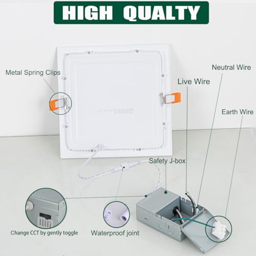 QIBANG Square Led Recessed Light 8 inch Dimmable with Junction Box,3CCT 3000K/4000K/6000K Selectable,1600LM CRI90+18W Ultra-Thin led recessed Light Square Canless Downlight High Brightness,1Pack - Image 5