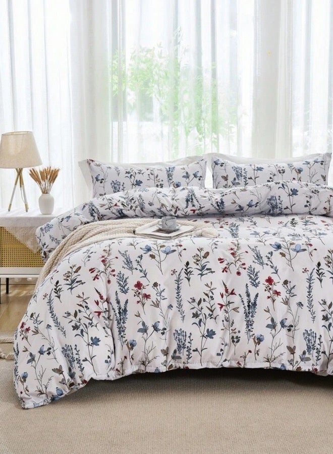 LUNA Home Queen size 6-piece blue bedding set featuring a botanical floral design duvet cover.  - Image 1