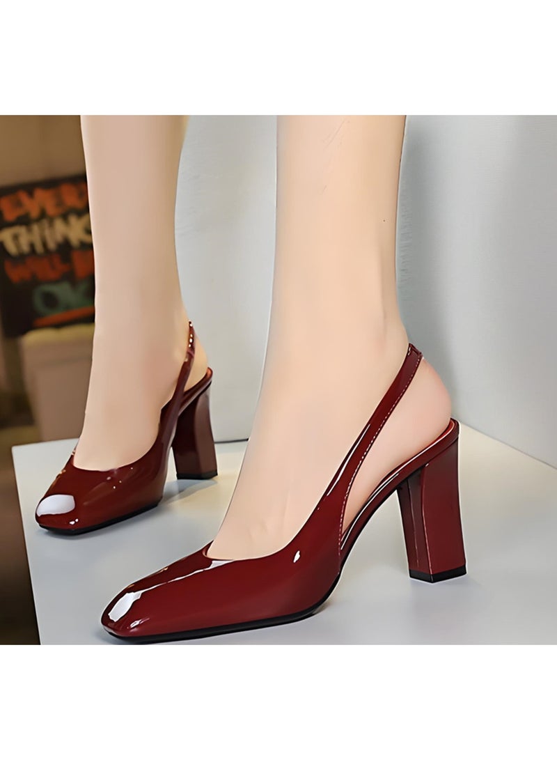 BIGTREE Women's Closed Square Toe Pumps Slingback Chunky High Heel Sandals Wine Red 8.5CM - Image 3
