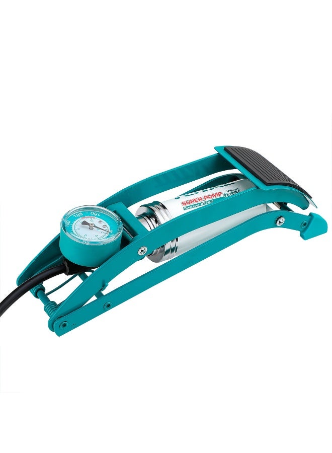 توتال مضخة هواء يدوية بقوة 150 رطل لكل بوصة مربعة، مصنوعة من الفولاذ المتين، مزودة بمقياس ضغط، مناسبة لإطارات السيارات والدراجات النارية والهوائية، منفاخ محمول يعمل بالقدم مع خرطوم ومحولات صمامات. - Image 1