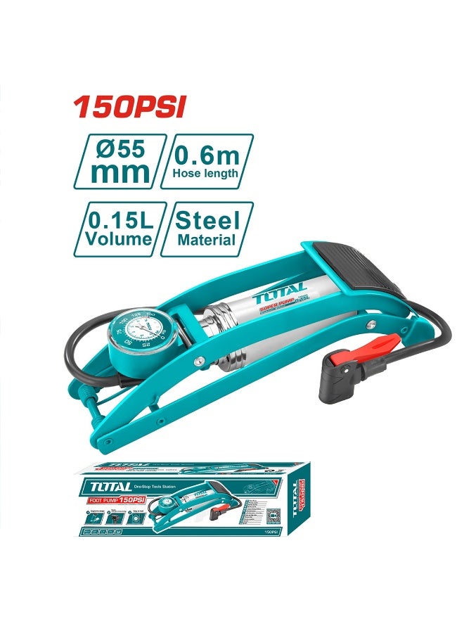 توتال مضخة هواء يدوية بقوة 150 رطل لكل بوصة مربعة، مصنوعة من الفولاذ المتين، مزودة بمقياس ضغط، مناسبة لإطارات السيارات والدراجات النارية والهوائية، منفاخ محمول يعمل بالقدم مع خرطوم ومحولات صمامات. - Image 2