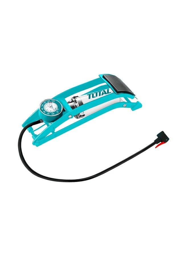 توتال مضخة هواء يدوية بقوة 150 رطل لكل بوصة مربعة، مصنوعة من الفولاذ المتين، مزودة بمقياس ضغط، مناسبة لإطارات السيارات والدراجات النارية والهوائية، منفاخ محمول يعمل بالقدم مع خرطوم ومحولات صمامات. - Image 3