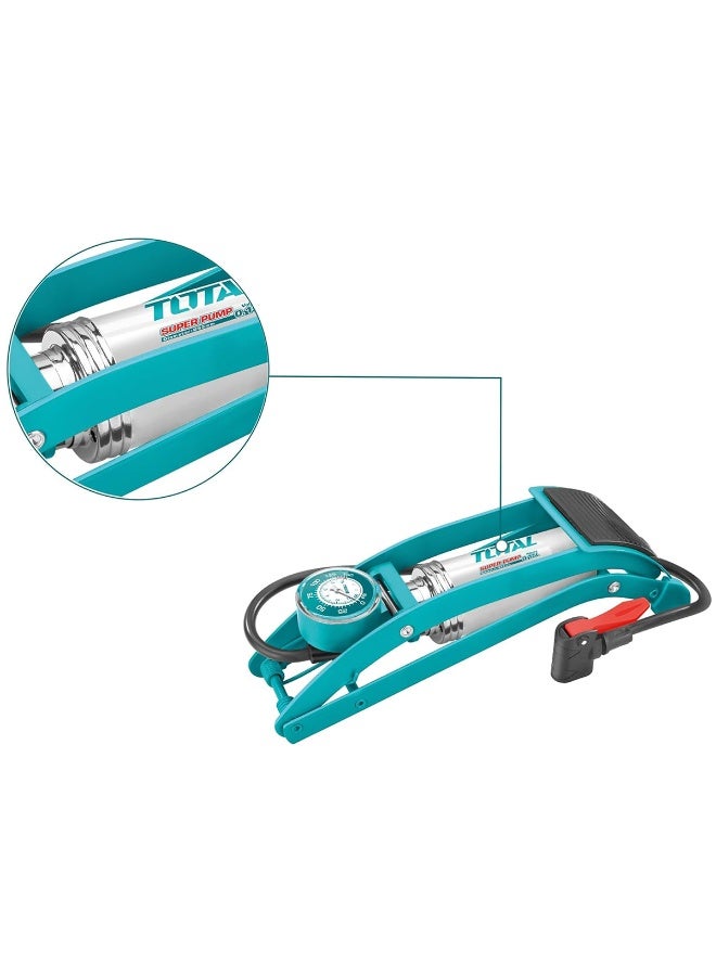 توتال مضخة هواء يدوية بقوة 150 رطل لكل بوصة مربعة، مصنوعة من الفولاذ المتين، مزودة بمقياس ضغط، مناسبة لإطارات السيارات والدراجات النارية والهوائية، منفاخ محمول يعمل بالقدم مع خرطوم ومحولات صمامات. - Image 4