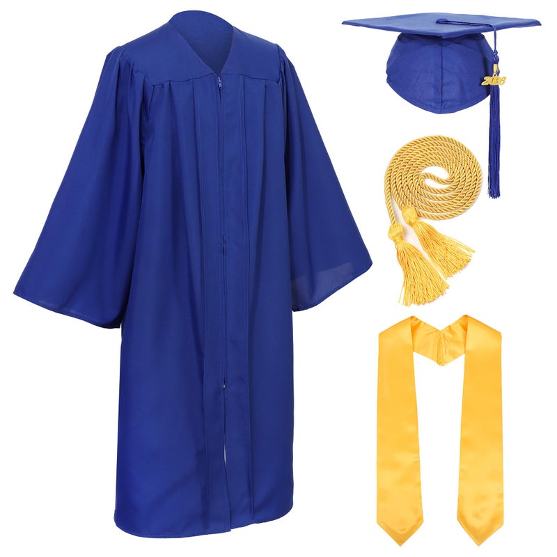D DODOU Unisex Adult Matte Graduation Cap and Gown Set with Honor Cord Gold Stoles for College School Bachelor Graduates (Royal Blue, 45) - Image 1
