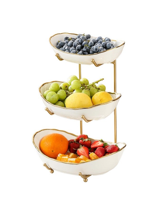 HOMKULA Fruit Bowl for Kitchen Counter - 3 Tier Ceramic Serving Bowls with Metal Stand, Tiered Fruit Basket for Fruit Vegetable Storage, Snack, Nuts, Cake, Dessert, Small & Cute (Gold-Rimmed) - Image 1