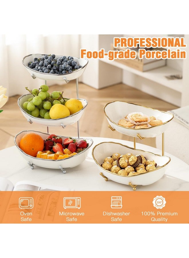 HOMKULA Fruit Bowl for Kitchen Counter - 3 Tier Ceramic Serving Bowls with Metal Stand, Tiered Fruit Basket for Fruit Vegetable Storage, Snack, Nuts, Cake, Dessert, Small & Cute (Gold-Rimmed) - Image 2