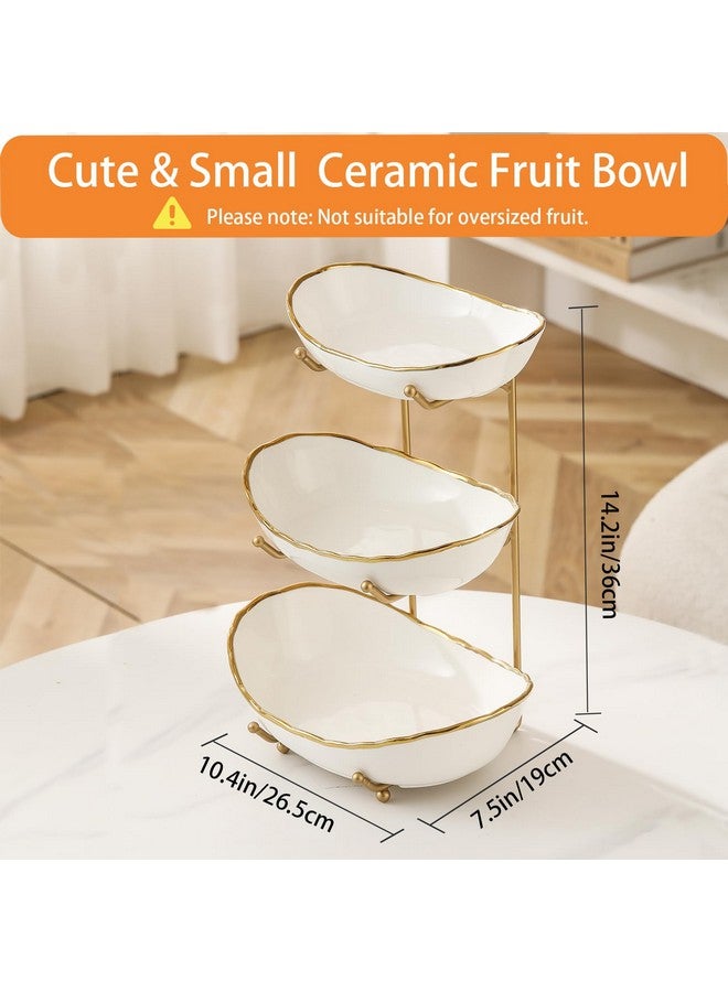 HOMKULA Fruit Bowl for Kitchen Counter - 3 Tier Ceramic Serving Bowls with Metal Stand, Tiered Fruit Basket for Fruit Vegetable Storage, Snack, Nuts, Cake, Dessert, Small & Cute (Gold-Rimmed) - Image 3