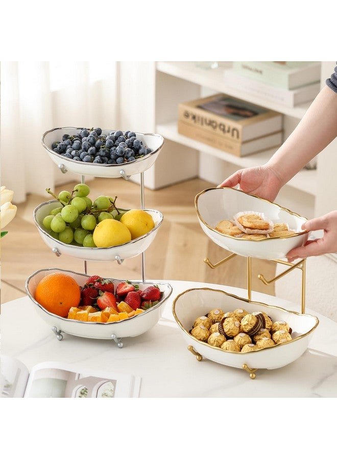 HOMKULA Fruit Bowl for Kitchen Counter - 3 Tier Ceramic Serving Bowls with Metal Stand, Tiered Fruit Basket for Fruit Vegetable Storage, Snack, Nuts, Cake, Dessert, Small & Cute (Gold-Rimmed) - Image 5