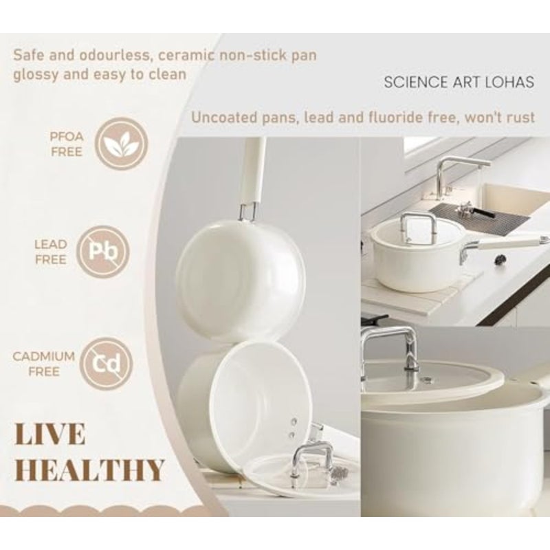 White ceramic nonstick saucepan with lid, 3.0QT, for home and restaurant cooking, stay-cool handle, PFOA/PFAS free, diameter 20 cm - Image 4