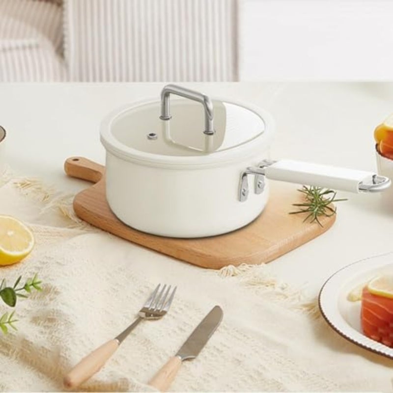 White ceramic nonstick saucepan with lid, 3.0QT, for home and restaurant cooking, stay-cool handle, PFOA/PFAS free, diameter 20 cm - Image 2