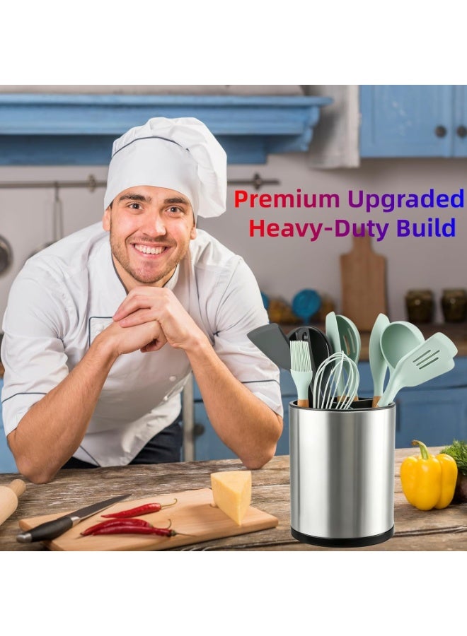 Happy Home 360° Rotating Stainless Steel Kitchen Utensil Holder with 3 Compartments 15.9 × 15.9 × 20.3 cm – Extra Large Countertop Cooking Utensil Organizer for Spoons, Spatulas, Ladles, Whisks & Tongs, Rust Resistant Cutlery Caddy with Drainage Holes, Non-Slip Base & Dishwasher Safe - Image 2
