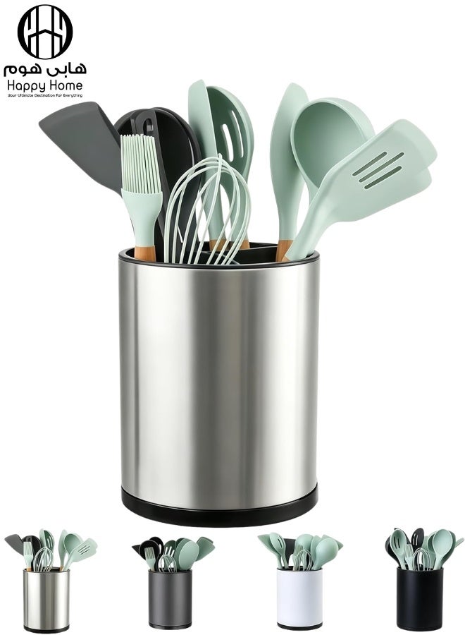 Happy Home 360° Rotating Stainless Steel Kitchen Utensil Holder with 3 Compartments 15.9 × 15.9 × 20.3 cm – Extra Large Countertop Cooking Utensil Organizer for Spoons, Spatulas, Ladles, Whisks & Tongs, Rust Resistant Cutlery Caddy with Drainage Holes, Non-Slip Base & Dishwasher Safe - Image 1