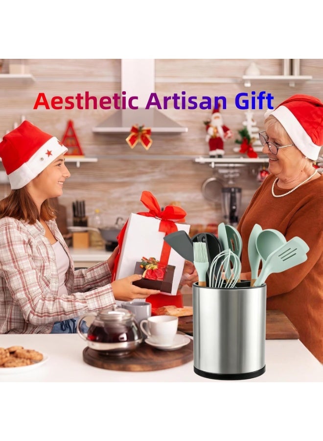 Happy Home 360° Rotating Stainless Steel Kitchen Utensil Holder with 3 Compartments 15.9 × 15.9 × 20.3 cm – Extra Large Countertop Cooking Utensil Organizer for Spoons, Spatulas, Ladles, Whisks & Tongs, Rust Resistant Cutlery Caddy with Drainage Holes, Non-Slip Base & Dishwasher Safe - Image 3