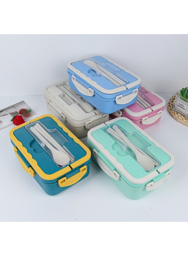 Wheat Straw Tableware Lunch Box Microwave Oven Rectangular Student Thermal Insulation Lunch Box Japanese-style Plastic Lunch Box-Specifications:Square Lunch Box With Handle-blue  - Image 3