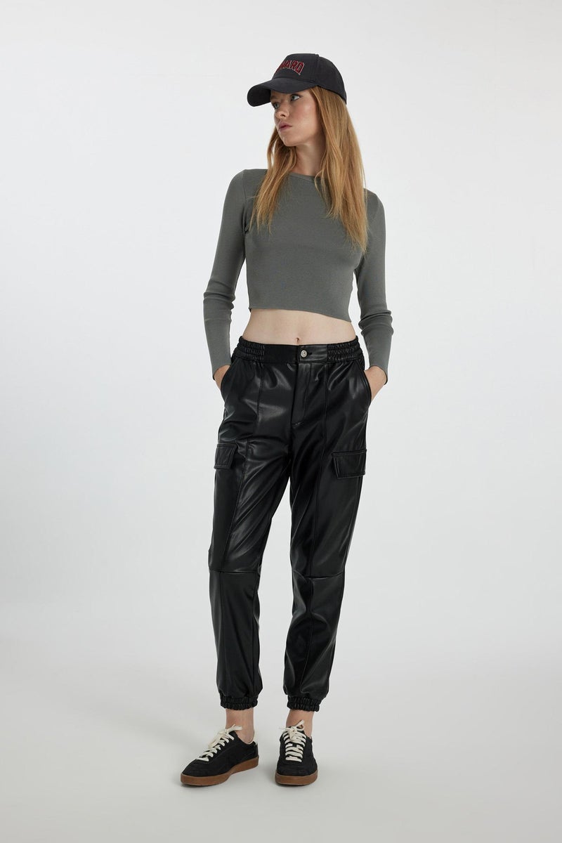 DeFacto Woman Cargo Jogger Faux Leather Trousers  - Image 5
