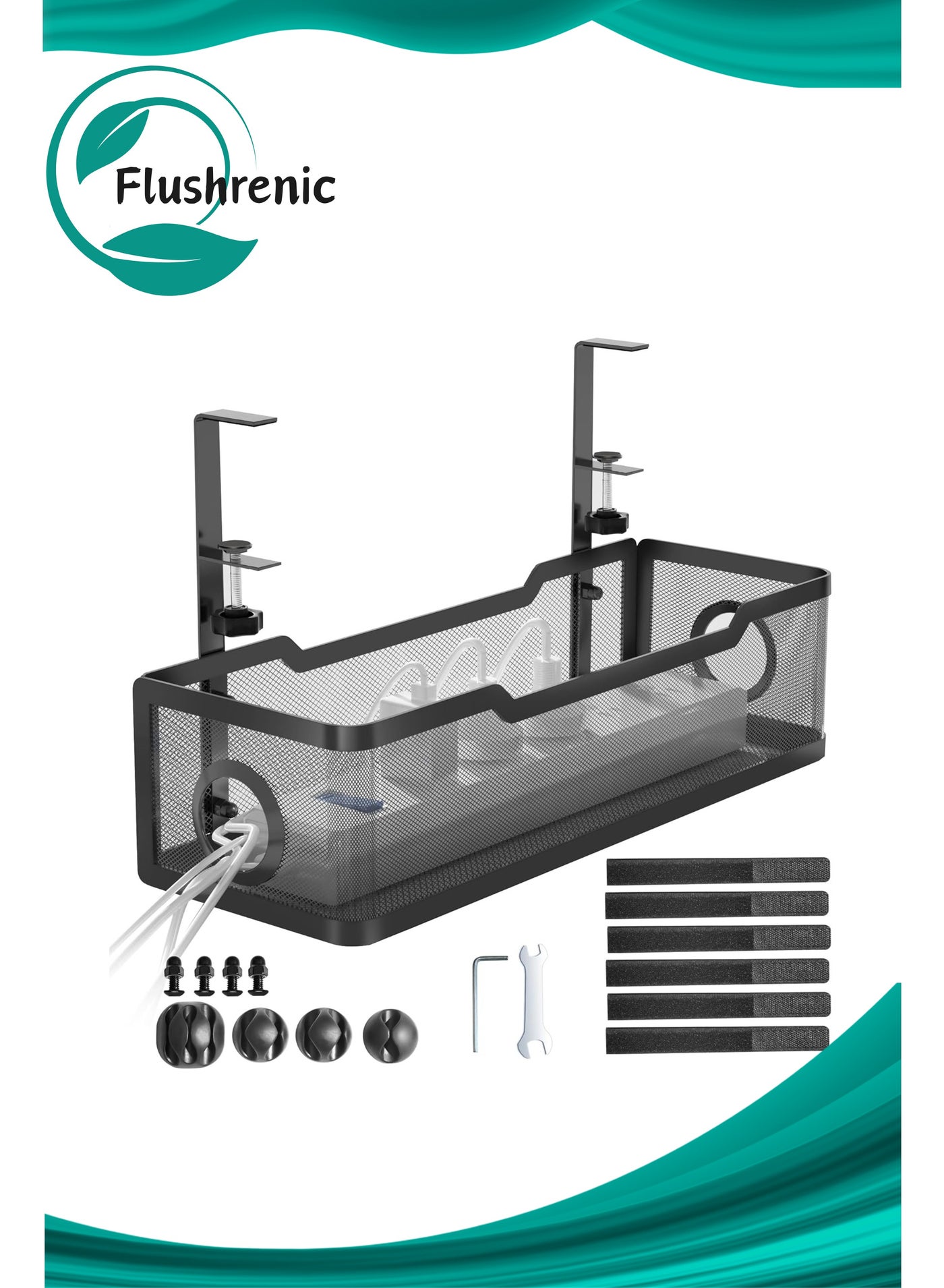 Flushrenic Under Desk Cable Management Tray,Under Desk Cable Management Tray Black, Wire Organizers No Drill, Cable Tray with Clamp for Wire Management, Cord Organization Box for Office, Home - No Dam