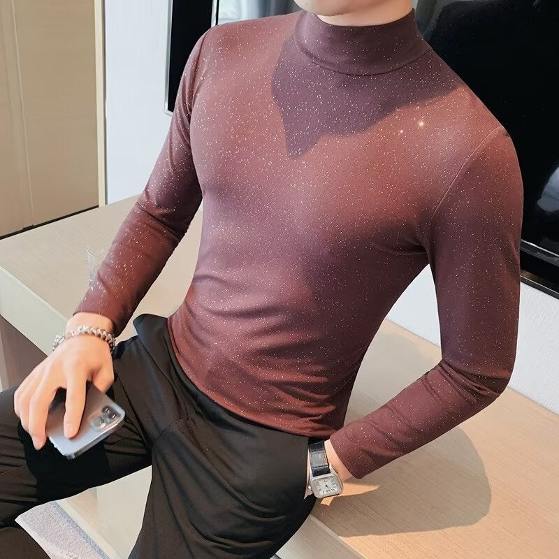 Half-High Collar Long-Sleeved T-Shirt Men'S New Fashion Brand High-End Men'S Casual Interior Slim-Fit Base Shirt - Image 1