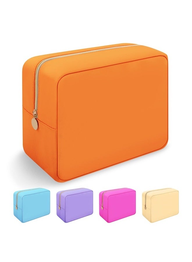 Iqimott Nylon Large Makeup Bag Travel Pouch, Preppy Big Cosmetic Bag Makeup Organizer Nylon Large Capacity Toiletry Bag, Waterproof Large Zipper Pouch Storage Bag for Women Girls Teens(Orange) - Image 1