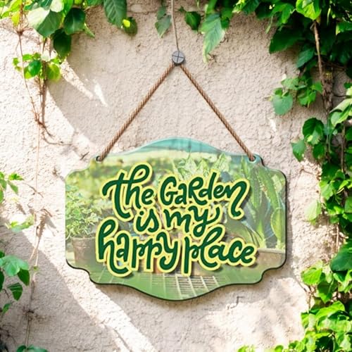 Yey Wooden Wall Hanging Garden - My Happy Place Quote Printed Home Decor 7.5X10 Inches - for Home Decoration, Entrance Decor, Door Hanging Plaque Sign for Room Decoration - Image 2