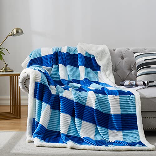 PU MEI Sherpa Blanket Twin Plaid Thick Bed Blanket, 90”*80” Super Soft Flannel Fuzzy Fleece Reversible Velvet Plush Warm Blanket for Couch(Blue Check, 80"*90") - Image 1