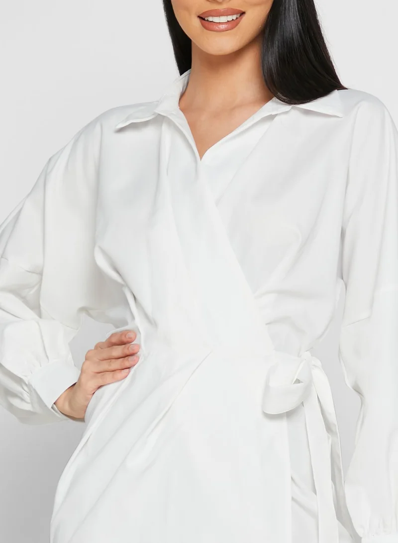 ELLA White Shirred Wrap Dress