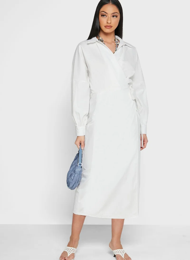 ELLA White Shirred Wrap Dress
