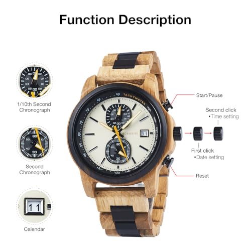 BOBO BIRD Wooden Watch for Men Women Ultra-Light 50g Luminous Hands Chronograph Date Casual Business Gift (Gray) - Image 2