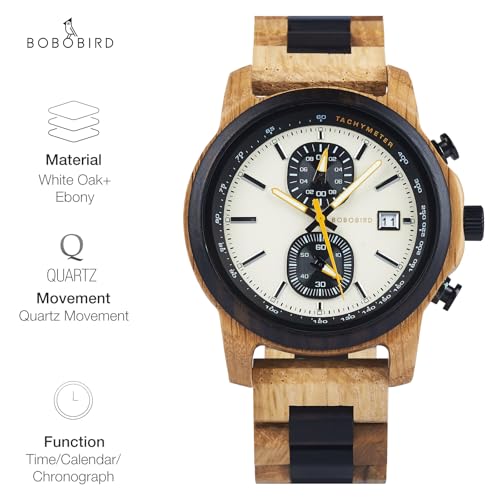 BOBO BIRD Wooden Watch for Men Women Ultra-Light 50g Luminous Hands Chronograph Date Casual Business Gift (Gray) - Image 3