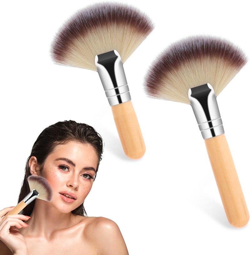 Small Fan Brush 2 PCS Fluffy Facial Brush Cosmetic Tools Esthetician Supplies Face Applicator for Women Girls Esthetician Makeup Face Cleaning Painting Watercolor Canvas brown