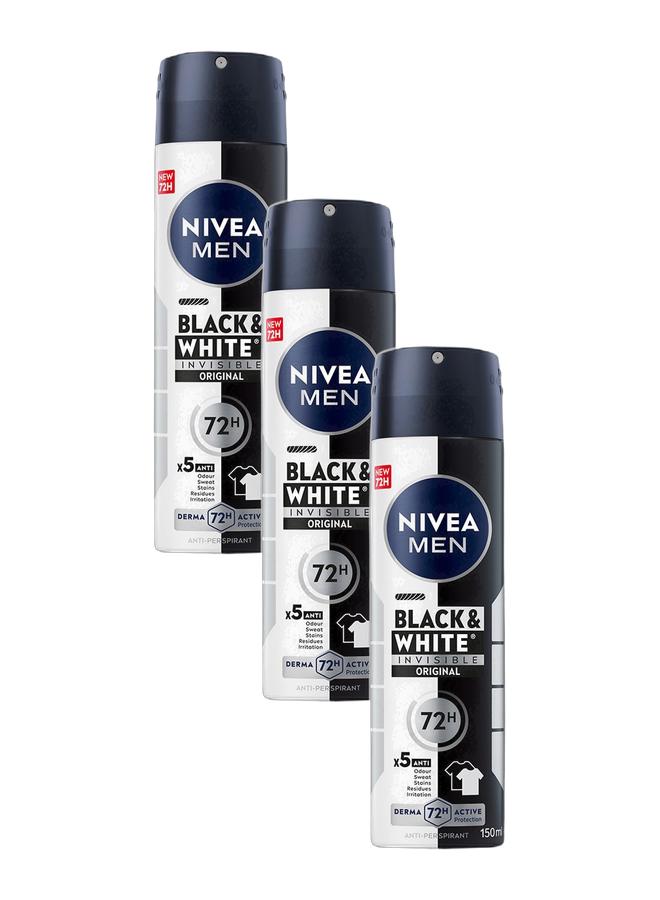 Nivea مزيل عرق غير مرئي للرجال باللونين الأسود والأبيض بخاخ 150 مل عبوة من 3 - Image 1