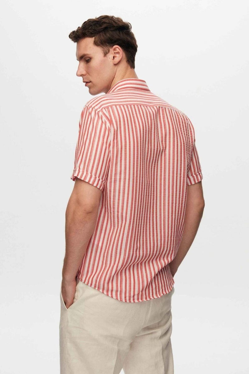 D'S DAMAT Slim Fit Red Seersucker Striped Short Sleeve Summer Shirt 8HC02ORT04265 - Image 4