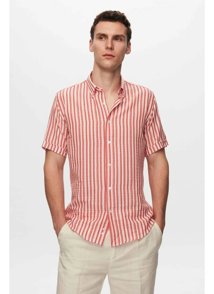 D'S DAMAT Slim Fit Red Seersucker Striped Short Sleeve Summer Shirt 8HC02ORT04265
